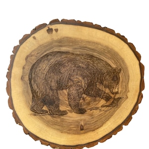 Rustic Bear Engraved Lazy Susan Log Slice with Bark, Turn table with smooth ball Bearing action, Engraving Option