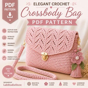 May include: A light pink crochet crossbody bag featuring a leaf-patterned flap, a gold-tone metal push-lock closure, and a matching crochet strap. A decorative pink flower charm with green leaves and a tassel hangs from the side of the bag.