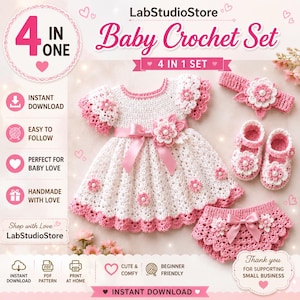 May include: A 4-in-1 baby crochet set featuring a white and pink dress with a satin ribbon and floral accents, matching pink bloomers with a bow, a pair of crochet baby shoes with flower details, and a headband with a large floral embellishment.
