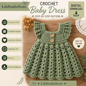 Patron de robe bébé verte au crochet | Robe en dentelle à manches papillon (PDF à télécharger)