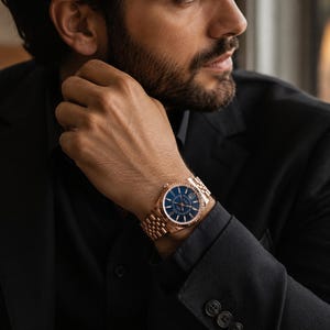 Luxury Automatic Watch for Men, Blue Dial Rose Gold Stainless Steel Watch, Premium Analog Wrist Watch, Elegant Mens Dress Watch