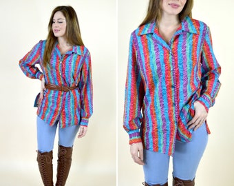 1970's Bright Colorful Swirly Stripe Print Groovy Hippie Boho Blouse / Women's Size Large