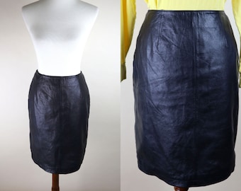 80/'s Vintage Black Leather Pencil Skirt High Waist Fitted Wiggle Pegged Skirt Size XSmall 26 inch Waist