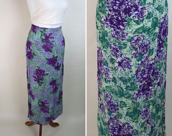 90's Green Purple Reversible Sheer Skirt / Floral Summer Flowy Faux Wrap Skirt / Size Medium to Large