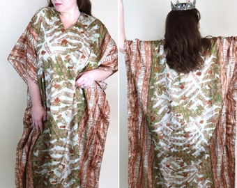 Grün Gold, Braun Seidig fließender Kaftan / 90er Vintage Kaftan Kleid / Casual Loungewear / Einheitsgröße