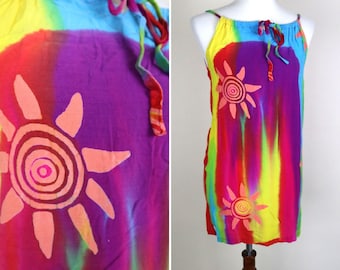 Rainbow Tie Dye Mini Tank Dress / Cute Bright Fun Summer Sundress / Swimsuit Cover / Flower Design / Size Small XSmall / XS