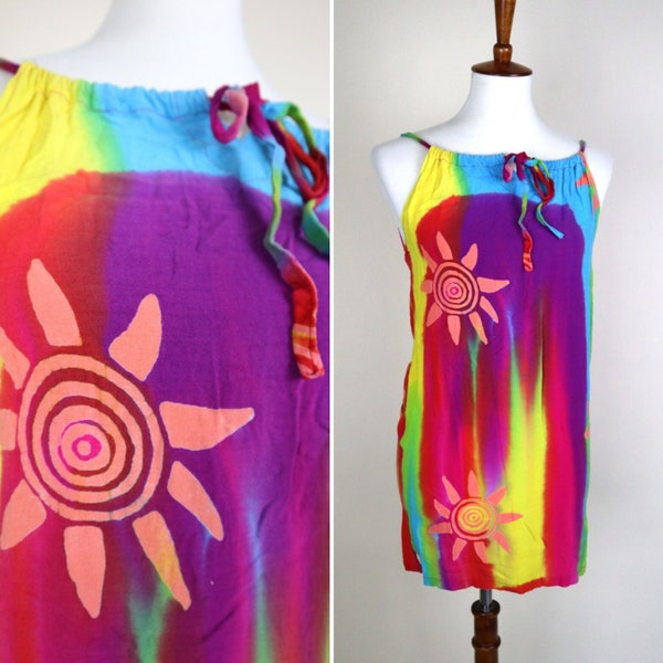 Rainbow Tie Dye Mini Tank Dress / Cute Bright Fun Summer Sundress / Swimsuit Cover / Flower Design / Size Small XSmall / XS