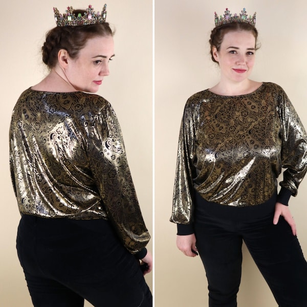 80's Vintage Gold Black Metallic Loose Slouchy Glam Top / 1980's Bomber Blouse / Rock / Grunge / Paisley Print / Size Large