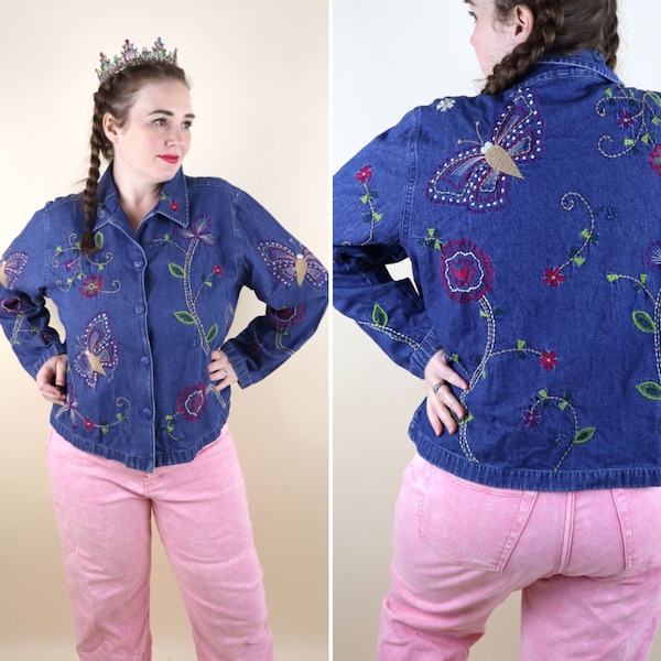 90's Vintage Embroidered Denim Shirt / Long Sleeve Floral Butterfly Jacket / Jeans Shaket / Size Large to Xlarge