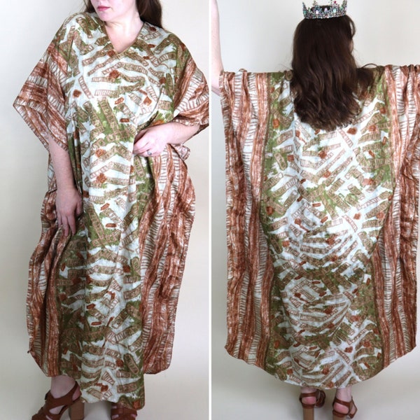 Green Gold, Brown Silky Flowy Kaftan / 90's Vintage Caftan Dress / Casual Loungewear / One Size Fits Most