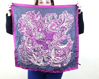 Beautiful Black and Purple Paisley Silk Square Headscarf / Vintage Handkerchief Scarf / Gift for Her / 26X26 Inches