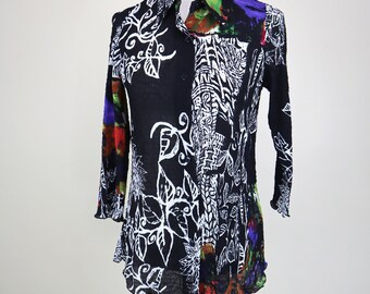 90's Retro Fun Funky Abstract Print Black Blouse / Size Small