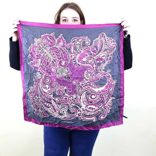 Beautiful Black and Purple Paisley Silk Square Headscarf / Vintage Handkerchief Scarf / Gift for Her / 26X26 Inches