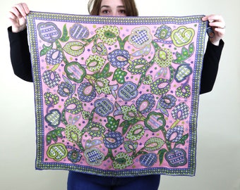 Vintage 70's Groovy Mod Paisley Print Green and Pink / Bohemian Hippie / Gift for Her / 25.5X25.5