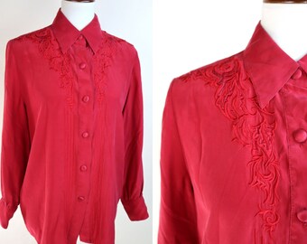 90's Red Silky Dress Shirt / Country Western Embroidered Secretary Blouse / Size Large