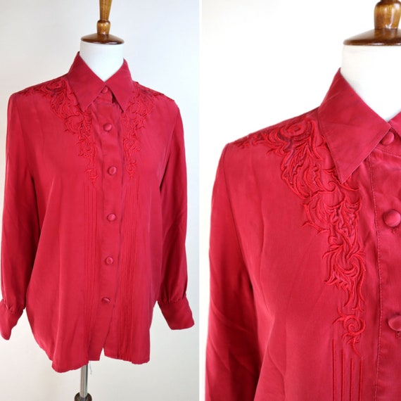 90's Red Silky Dress Shirt / Country Western Embr… - image 1
