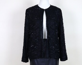 Vintage 1980's Black Beaded Silk Cardigan / 80's Fancy  Beaded Formal Jacket / Size Medium