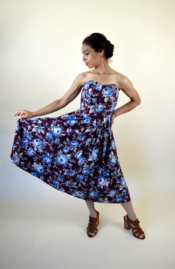 80's Purple Strapless Floral Party Dress / Mori G… - image 1