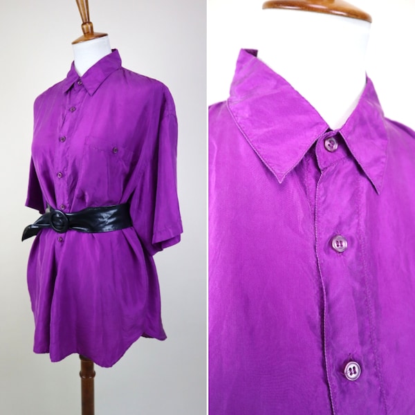 90's Shiny Purple Silk Button Down Shirt / Short sleeve Light Dress Blouse / Oversized Medium