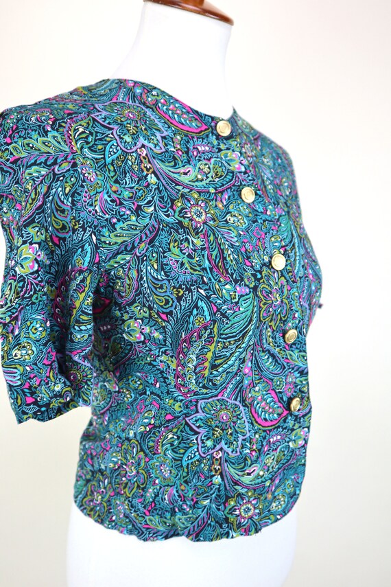 80's Green Blue Paisley Print Short Sleeve Shirt … - image 8