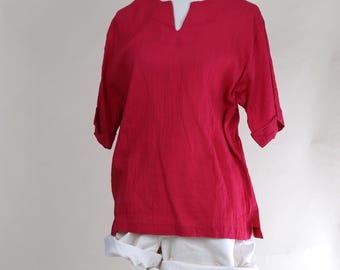 80er Jahre Vintage Rot-Pink Pullover Hippie Boho Bluse / Oversized Large