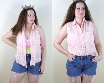 70's 80's Vintage Pink Lace Sleeveless Shirt / Romatic Feminine Button Up Sheer Lace Blouse / 1980's Lace Top / Size Large