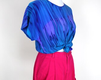 70's Blue Watercolor Dolman Sleeve Silk Shirt / Size Medium to Large