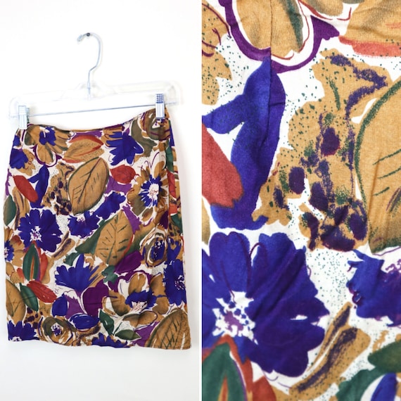 90's Blue and Brown Floral Mini Skirt / Summer Br… - image 1
