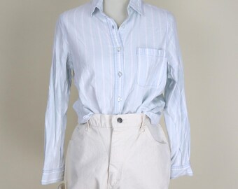 80's Powder Blue White Striped Button Down Casual Shirt / Size Medium