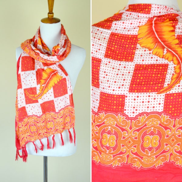 Vintage Orange Red and White Tassel Polka Print Blanket Scarf - Extra Large Mod Hippie Boho Shawl - Checkered Dot Print Scarf - Gift for her