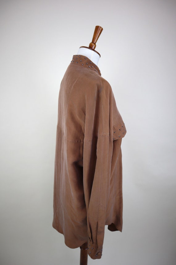 90's Brown Silk Oversized Dressy Blouse / Beaded … - image 7