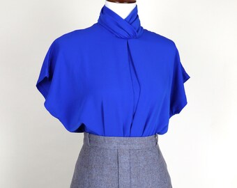 90's Royal Blue Semi Sheer Mock Neck Secretary Blouse / Size Medium Large