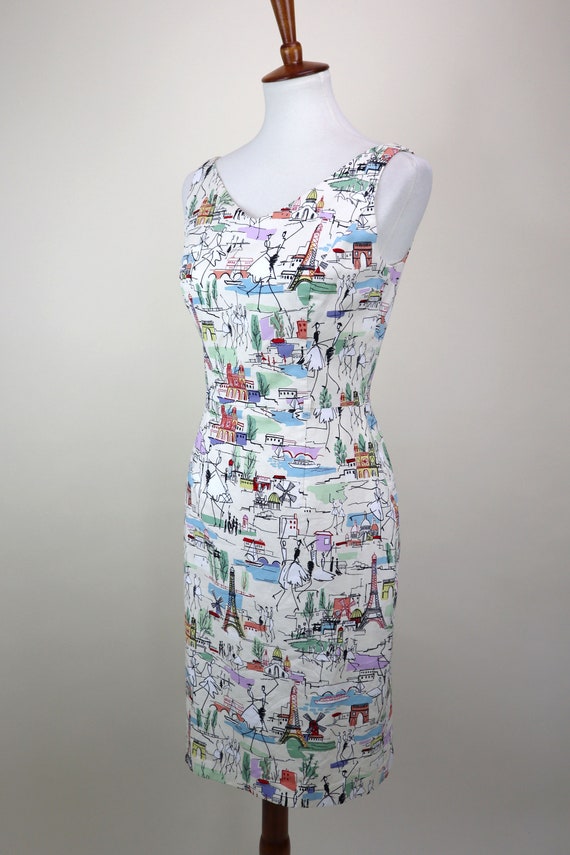 1990's Cream PARIS France Print Wiggle Dress / 90… - image 4