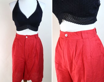 90’s Red Linen Rayon High Waist Pleated Shorts / Adventurecore Safari Summer Shorts /Size Medium / 30 Inch waist