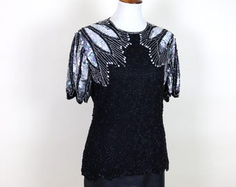 80's Vintage Obsidian Black Art Deco Beaded and Silver Keyhole GLAM Top / Size Small