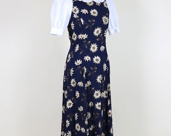 90's Vintage Dark Blue Daisy Print Cottagecore Summer Dress / Size Small Medium