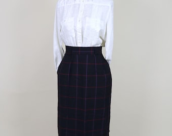 80's Square Plaid Pencil Secretary Skirt / Dark Academia Fall Winter Fashion /  Size Small