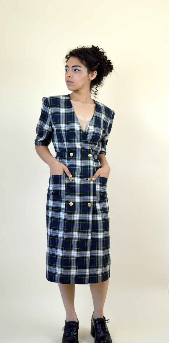 Vintage 80s Green Dark Academia Tartan Plaid  Dre… - image 6