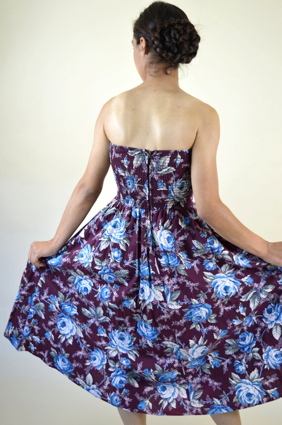 80's Purple Strapless Floral Party Dress / Mori G… - image 9