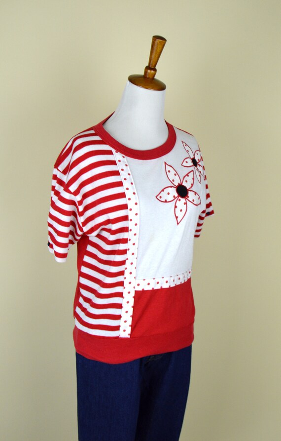 80's Red and White Casual Rockabilly Sweater Top … - image 3