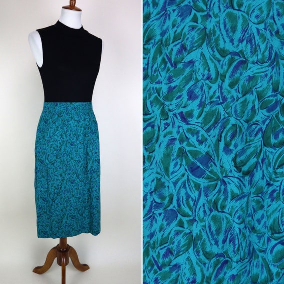 50's 60's Blue Green Leaf Print A-line Skirt / Mi… - image 1