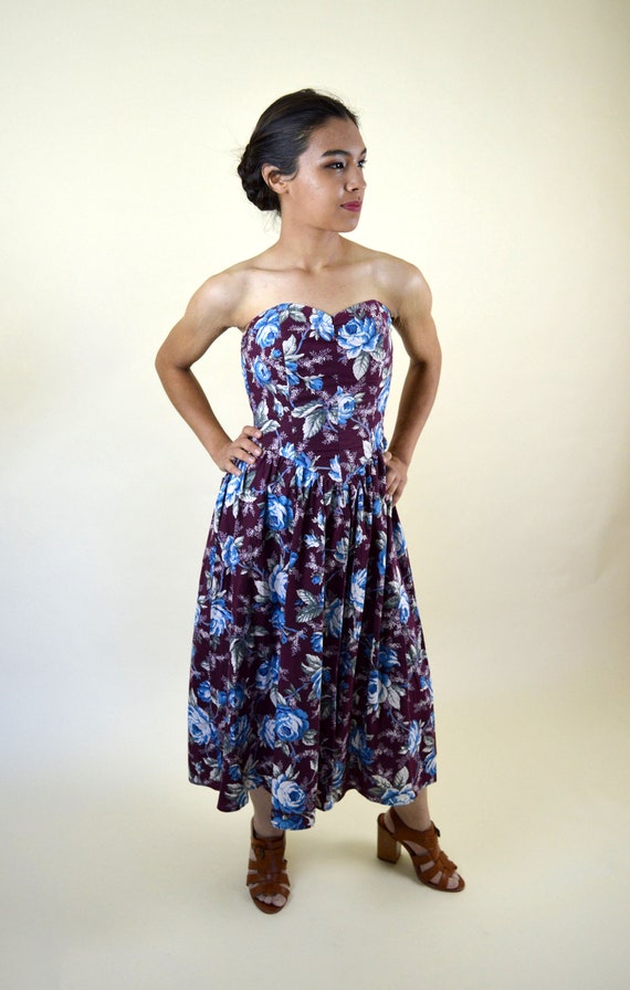 80's Purple Strapless Floral Party Dress / Mori G… - image 3