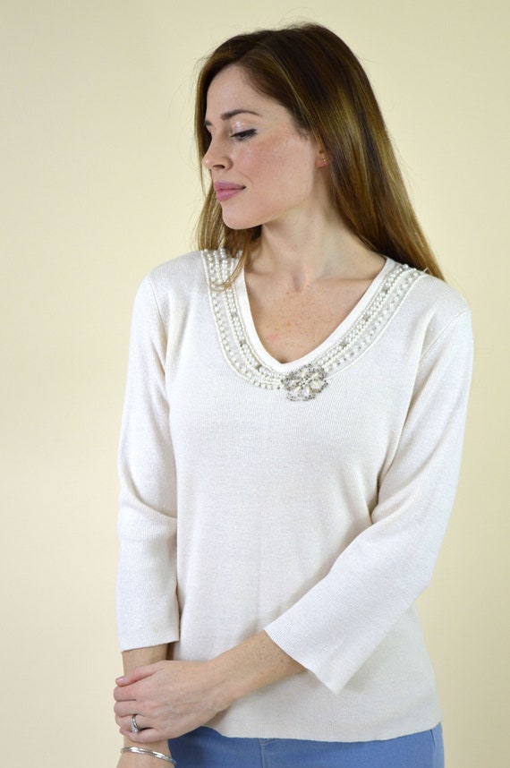 90's Cream Beaded Knitted Sweater Top / Romantic … - image 5
