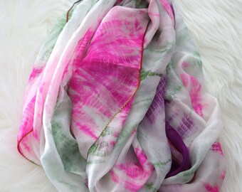 Vintage White Silk Rainbow Tie Dye Scarf / Hippie Silk Scarf / Rectangle Scarf / Gift for Her / Hippie Costume