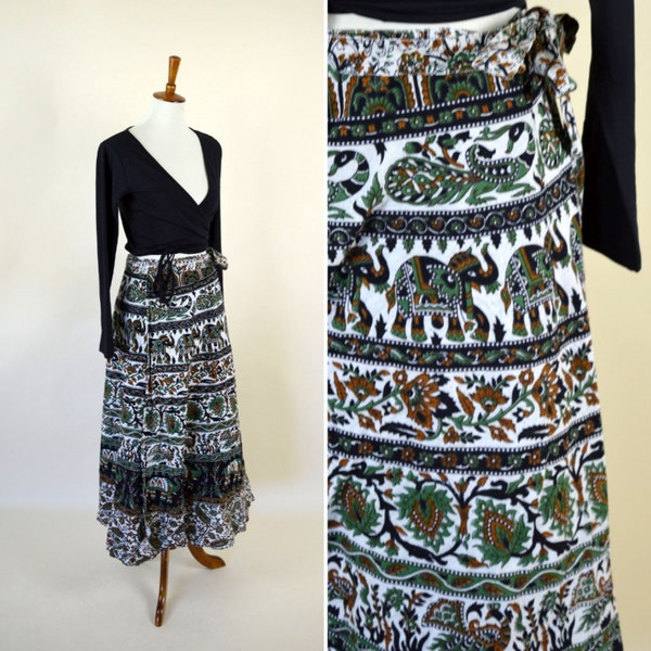 Vintage 70's India Cotton Wrap Skirt / Elephant & Peacock Print Green and Black Hippie Boho Festival Skirt / Sarong Skirt / Up to Size Large