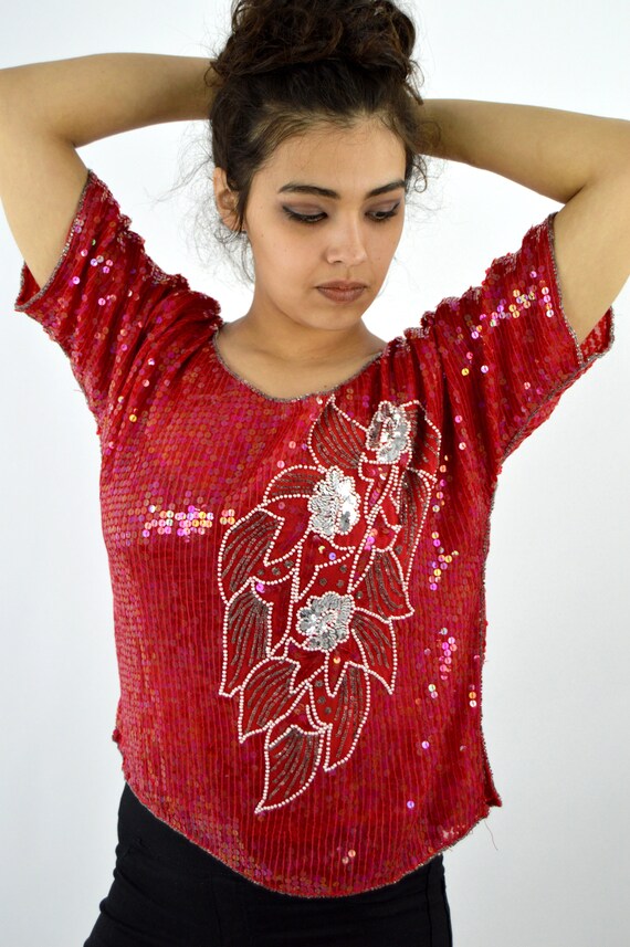 70's Vintage Red Glam Rock Beaded Blouse / Fancy … - image 9