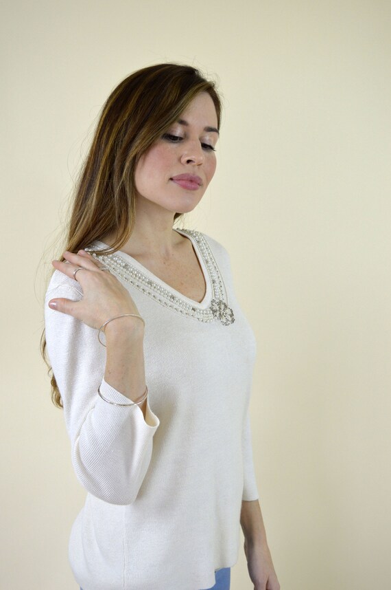 90's Cream Beaded Knitted Sweater Top / Romantic … - image 2