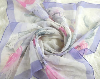 Watercolor Painterly Floral Print Gray and Pink Sheer Square Scarf / Spring Cottagecore Romantic Style / 29.5X29.5 Inches