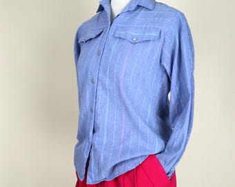 80's Blue Pin Stripe Casual Long Sleeve Snap Button Western Cut Shirt / Size Medium