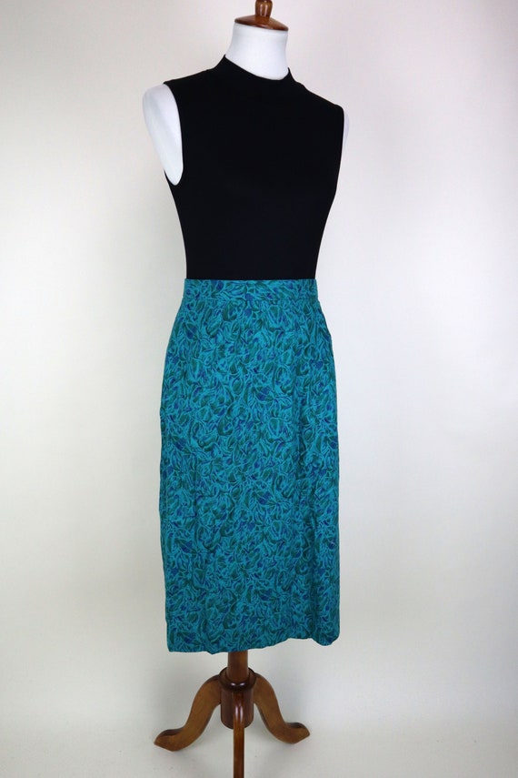50's 60's Blue Green Leaf Print A-line Skirt / Mi… - image 9
